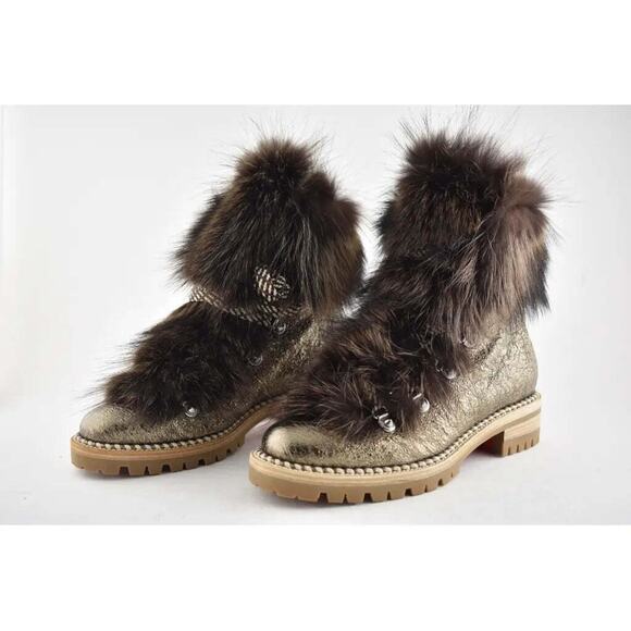 Christian Louboutin Fanny Flat Roche Fur Leather Lace Up Tie Combat Boot 37.5 - Picture 9 of 11